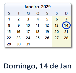 14 Janeiro 2029 calendario