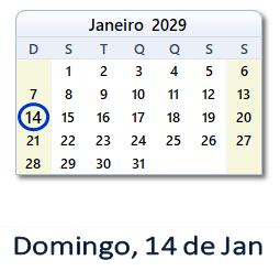 14 Janeiro 2029 calendario
