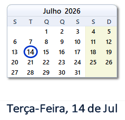 14 Julho 2026 calendario