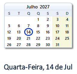 14 Julho 2027 calendario