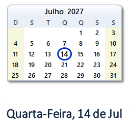 14 Julho 2027 calendario
