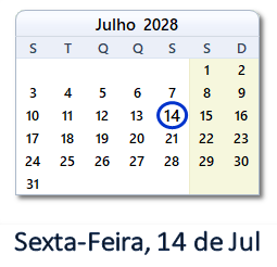 14 Julho 2028 calendario