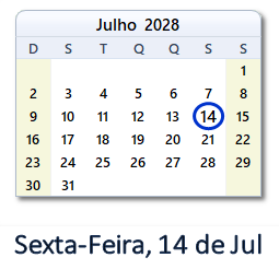 14 Julho 2028 calendario