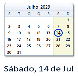 14 Julho 2029 calendario