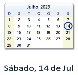 14 Julho 2029 calendario