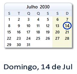14 Julho 2030 calendario