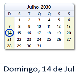 14 Julho 2030 calendario