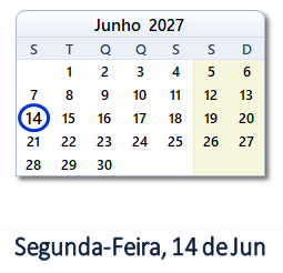 14 Junho 2027 calendario