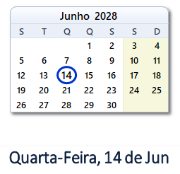 14 Junho 2028 calendario