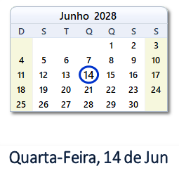 14 Junho 2028 calendario