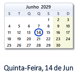 14 Junho 2029 calendario
