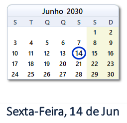 14 Junho 2030 calendario