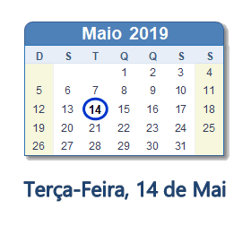 14 Maio 2019 calendario