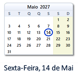 14 Maio 2027 calendario