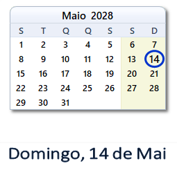 14 Maio 2028 calendario
