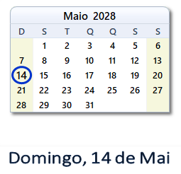 14 Maio 2028 calendario