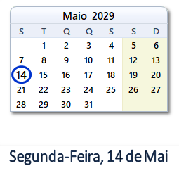 14 Maio 2029 calendario