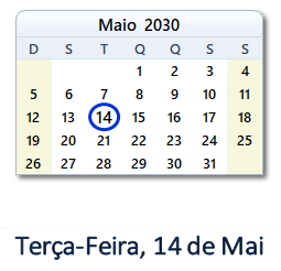 14 Maio 2030 calendario