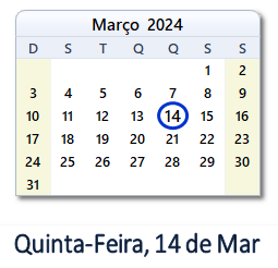 14 de Mar, 2024 Calendário com Feriados e Cont. Regressiva - BRA