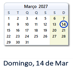 14 Março 2027 calendario