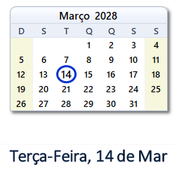 14 Março 2028 calendario