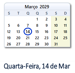14 Março 2029 calendario