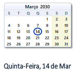 14 Março 2030 calendario