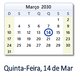 14 Março 2030 calendario