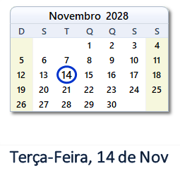 14 Novembro 2028 calendario