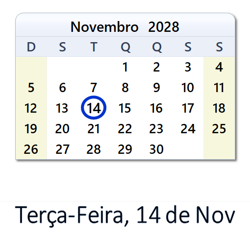 14 de Nov, 2028 Calendário com Feriados e Cont. Regressiva - BRA
