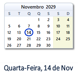 14 Novembro 2029 calendario
