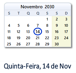 14 Novembro 2030 calendario