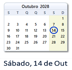 14 Outubro 2028 calendario