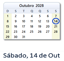 14 Outubro 2028 calendario