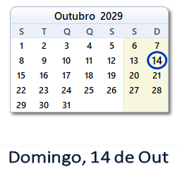 14 Outubro 2029 calendario
