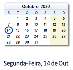 14 Outubro 2030 calendario
