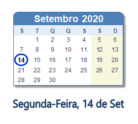 14 Setembro 2020 calendario