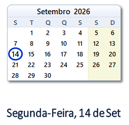 14 Setembro 2026 calendario
