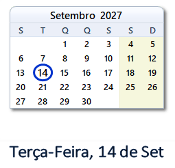 14 Setembro 2027 calendario