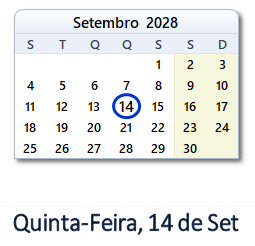 14 Setembro 2028 calendario