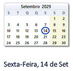 14 Setembro 2029 calendario