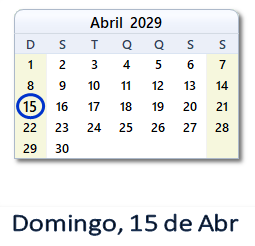 15 Abril 2029 calendario