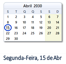 15 Abril 2030 calendario