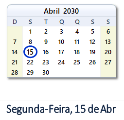 15 Abril 2030 calendario