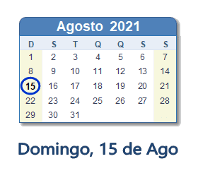 15 Agosto 2021 calendario