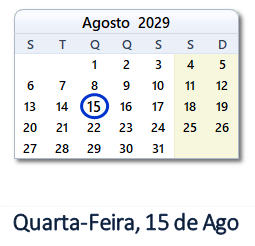 15 Agosto 2029 calendario
