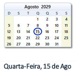 15 Agosto 2029 calendario