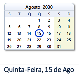 15 Agosto 2030 calendario