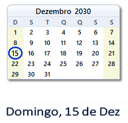 15 Dezembro 2030 calendario