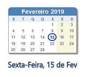 15 Fevereiro 2019 calendario